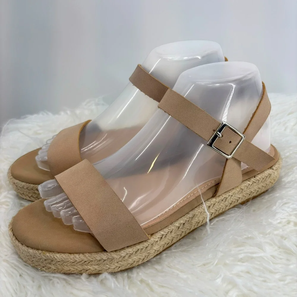 AMS Audrey Tan Espadrille Platform Sandals Women Size 8 Buckle‎ Neutral Summer